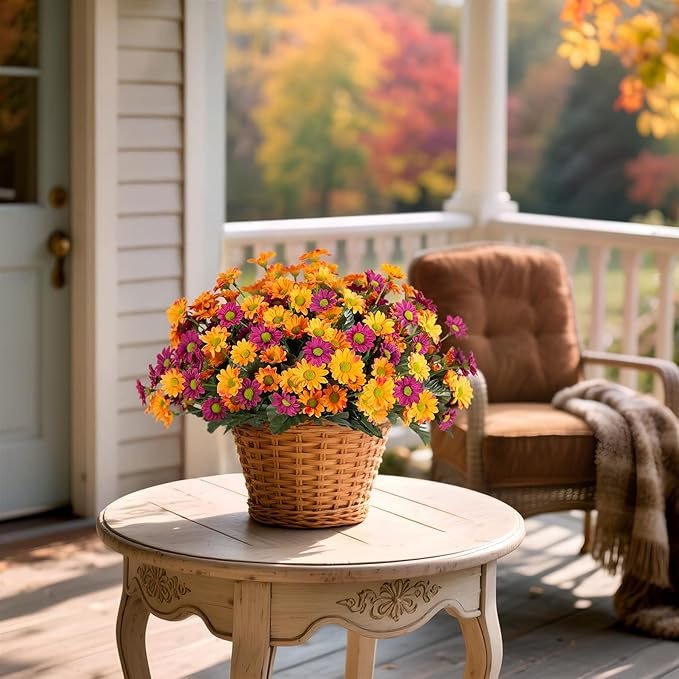 Fake Mums Fall Artificial Flowers for Outdoor Decoration, 6 Bundles Faux Silk Daisy Flowers Realistic UV Resistant No Fade Fall Fake Plants for Home Patio Porch Garden Window Box Decor(Purple Orange)