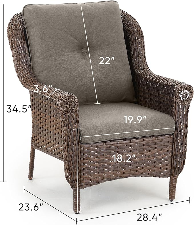 Patio Wicker Chairs Outdoor Furniture Chair - Set of 4 Outside All Weather Lawn Dining Brown Rattan Armchair with High Back&Deep Seating for Deck Porch Balcony Backyard Garden - Grey