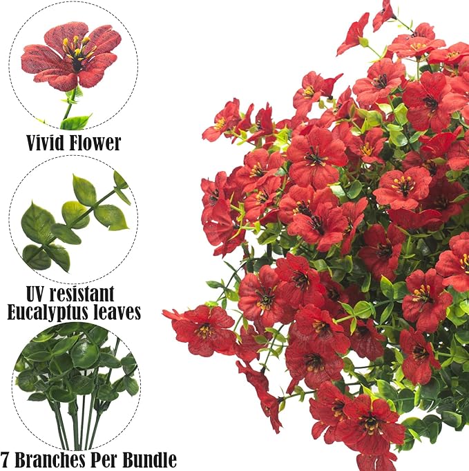 Artificial Fake Flowers for Outdoor Spring Decoration, 16 Bundles Faux Silk Colorful Daisy UV Resistant Realistic for Outside Porch Patio Home Yard Garden Planters Pots Window Box (Red)