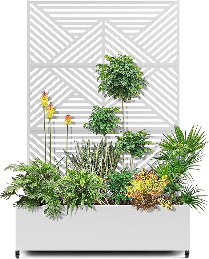 15.7"×70.9"×47.2" Metal Raised Garden Bed with Trellis and Wheels - Tall Trellis Planter Box for Climbing Plants, Vegetables & Vines - Outdoor Privacy Planters for Patio (White-Zodiac)