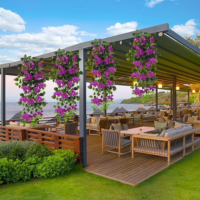 Artificial Hanging Plants Flowers Bougainvillea, UV Resistant Fake Plastic Faux Flower Fabric Vine for Indoor Outdoor Garden Porch Eave Wedding Wall Décor