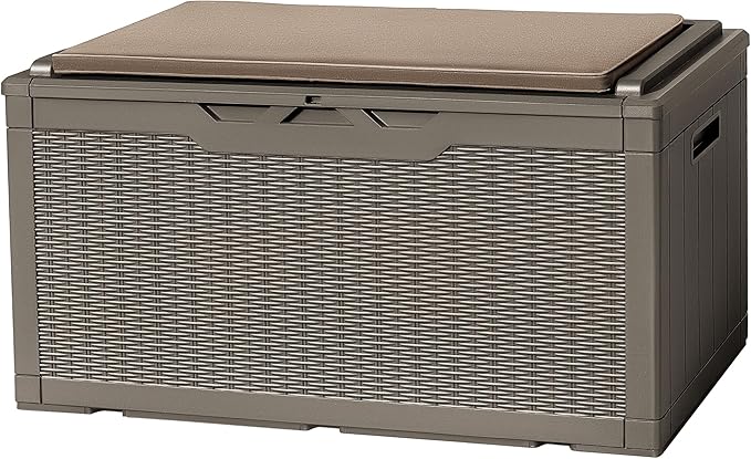 Flamaker Deck Box with Cushion 100 Gallon Waterproof Resin Storage Box with Air Rod Indoor Outdoor Lockable Storage Bench for Patio Furniture, Tools, Pool Accessories (Brown)