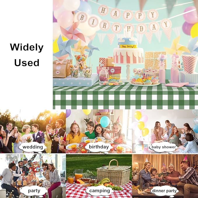 12 Pack Sage Green and White Checkered Tablecloth, Plastic Table Cloths for Parties Disposable, 54x108 in Waterproof Rectangular Gingham Camping Tablecloth for Birthday, Party, Baby Shower