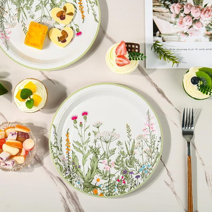Wildflower Party Plates 9" Floral Paper Plates Botanical Green Leaves Herbs Disposable Party Supplies Spring Summer Vintage Garden Decorative Dinner Plates (48, Vintage Botanical)