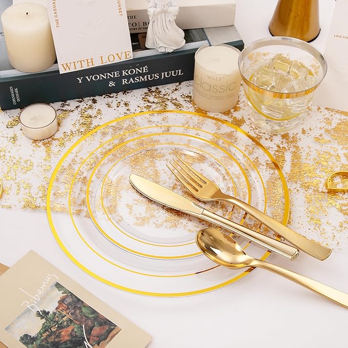 WELLIFE 300Pcs Clear Gold Dinnerware, Clear and Gold Plates Heavy Duty, Including 50 Dinner and 50 Dessert Plates, 50 Cups, 50 Silverware