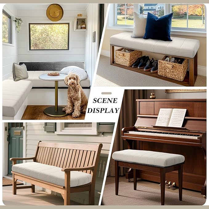 Wenqik Bench Cushion 36x14x4 Inch for Indoor Outdoor Furniture Tufted Thicken Bay Window Seat Cushion Non Slip Waterproof Dining Piano Bench Pad Pillow Anti Cat Scratch for Patio Porch Swing, Beige
