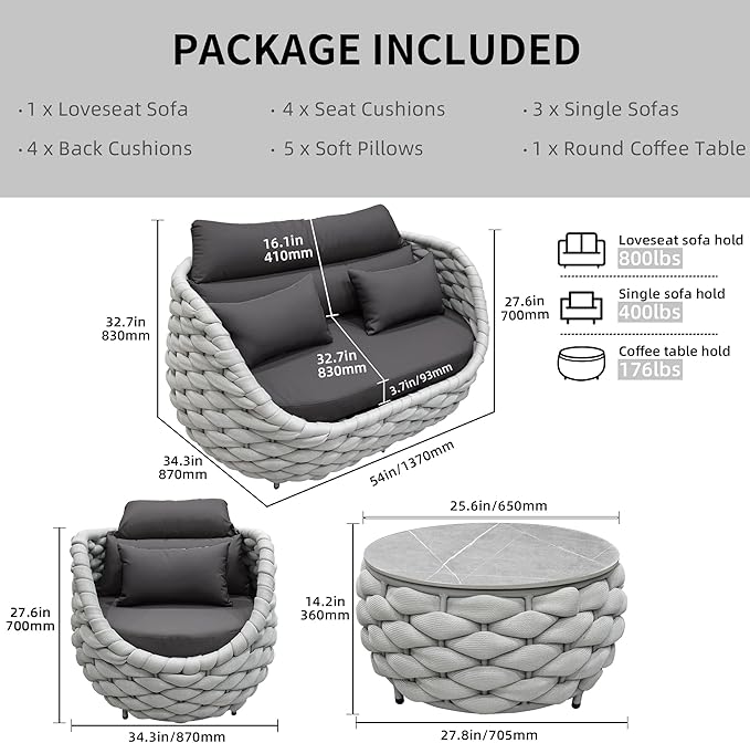 Aluminum Outdoor Patio Furniture Set with Coffee Table, 6 Piece Patio Conversation Sets with Washable Cushions Covers, Patio Sectional Furniture Set for Porch, Balcony, Deck, Yard