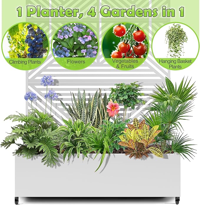 15.7"×70.9"×47.2" Metal Raised Garden Bed with Trellis and Wheels - Tall Trellis Planter Box for Climbing Plants, Vegetables & Vines - Outdoor Privacy Planters for Patio (White-Zodiac)