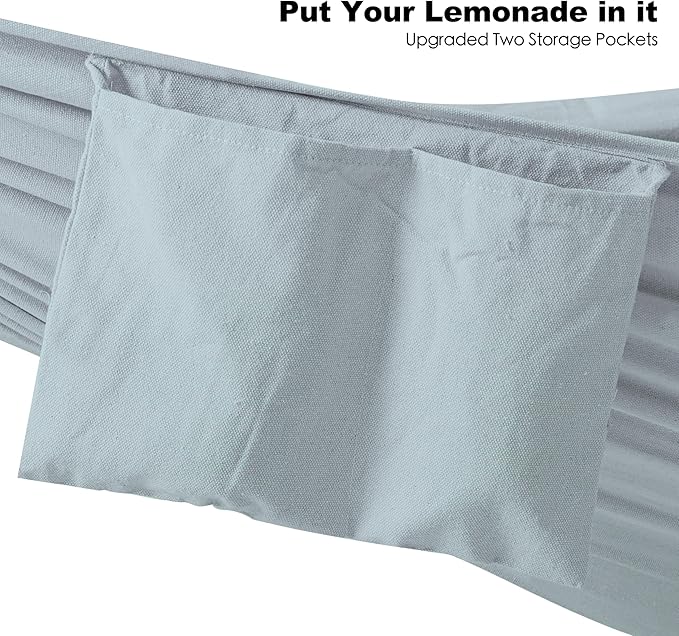 Double Hammock with Stand for Outside, Upgraded Spreader Bar, Heavy Duty Space Saving Steel Stand 2 Person, Side Pockets, Easy Assembly, 600lbs Weight Capacity, Indoor & Outdoor (Light Grey)