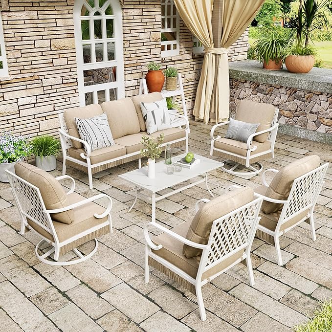 6 Piece Patio Furniture Set, 2 x Fixed Chair, 2 x Swivel Chair, 1 x 3-Seat Sofa with Marbling Coffee Table, All Cushioned Outdoor Conversation Set for Lawn Deck Backyard, Beige