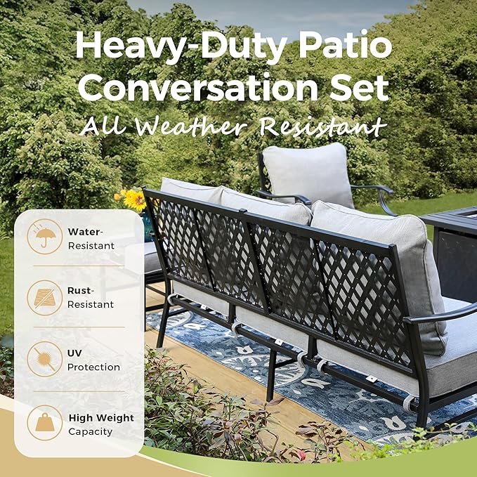 Patio Furniture Set 5 pcs, Outdoor Patio Furniture, 3-Seat Sofa, 2 Swivel Chairs, 2 Ottomans and 5.75" Extra Thick Cushion, Patio Conversation Set for Garden Backyard Deck,Grey