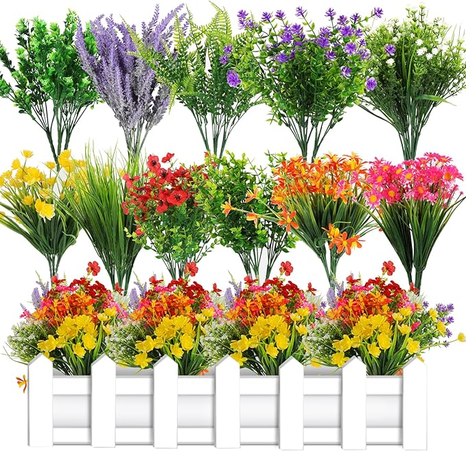 36 Bundles Artificial Plants Flowers Outdoor Spring Decoration Faux Flowers for Outdoor Planters Fake Wildflowers Faux Flowers Bulk for Hanging Planter Home Wedding Spring Summer Decor