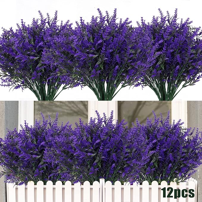 Artificial Plants Outdoor Artificial Lavender Flowers 12 Bundles Outdoor UV Resistant Fake Flowers No Fade Faux Plastic Plants Garden Porch Window Box Decorating,Spring Decorations for Home(Purple)
