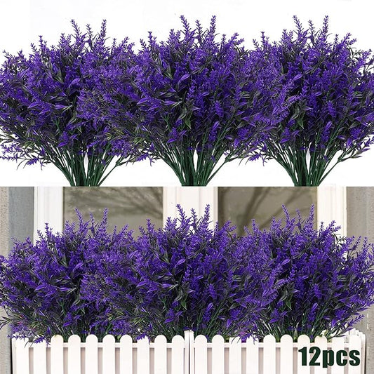 Artificial Plants Outdoor Artificial Lavender Flowers 12 Bundles Outdoor UV Resistant Fake Flowers No Fade Faux Plastic Plants Garden Porch Window Box Decorating,Spring Decorations for Home(Purple)