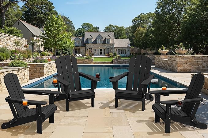 SERWALL Folding Adirondack Chair, Dual Cup Holders & All-Weather HDPE, Wood-Like Patio Chair for Backyard, Camping，Pool & Fire Pit- Black
