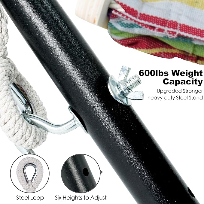 Double Hammock with Stand for Outside, Upgraded Spreader Bar, Heavy Duty Space Saving Steel Stand 2 Person, Side Pockets, Easy Assembly, 600lbs Weight Capacity, Indoor & Outdoor (Salsa Orange)