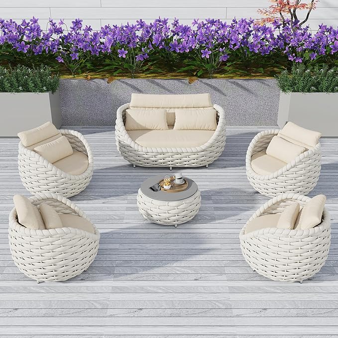 6-Piece Aluminum Patio Furniture Set, Olefin Rope Modern Outdoor Conversation Set Sectional Sofa with Water Repellent Thick Cushions and Coffee Table for Balcony, Garden, Beige