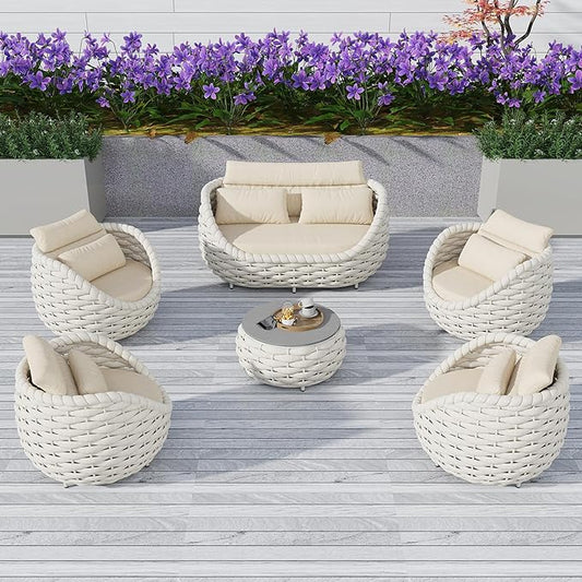 6-Piece Aluminum Patio Furniture Set, Olefin Rope Modern Outdoor Conversation Set Sectional Sofa with Water Repellent Thick Cushions and Coffee Table for Balcony, Garden, Beige