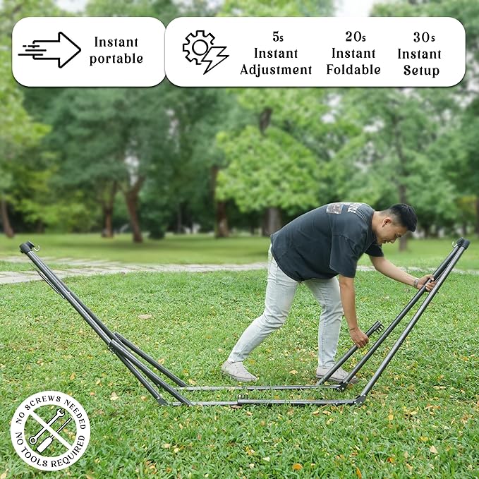 Tranquillo Uniki 550 lbs Capacity Double Hammock Stand, Adjustable, Collapsible Camping Hammock and Stand, Signature Steel Stand Breathable Polyester Hammock Net, Chevron