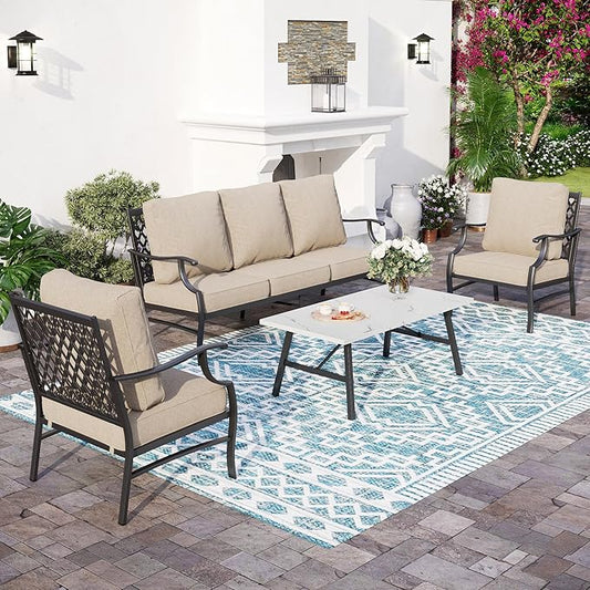Patio Furniture Set, 4 Piece Modern Metal Outdoor Patio Furniture, 3 Seater Couch, 2 Fixed Chairs, Coffee Table and 5.75" Extra Thick Cushion, Patio Conversation Set for Backyard Deck