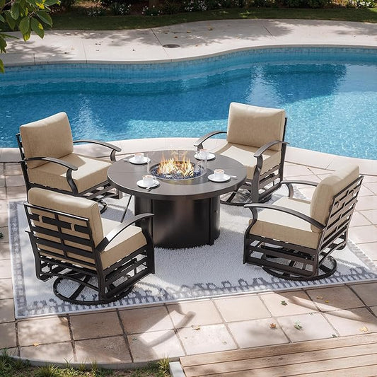 Kurapika 5 Piece Modern Metal Outdoor Conversation Sets, Patio Furniture Set, 4 Aluminum Swivel Chairs w/48in Round Propane Fire Pit Table and Thickened Cushions, Sand