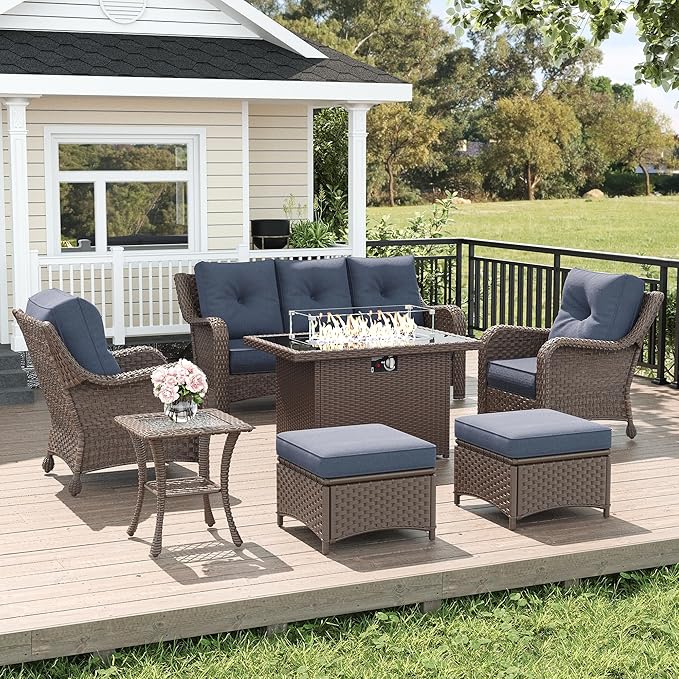 LayinSun 7 Piece Wicker Outdoor Furniture Set with 6-inch Comfy Cushions, High Back Patio Furniture Set with Rattan Armchairs and Fire Pit Table