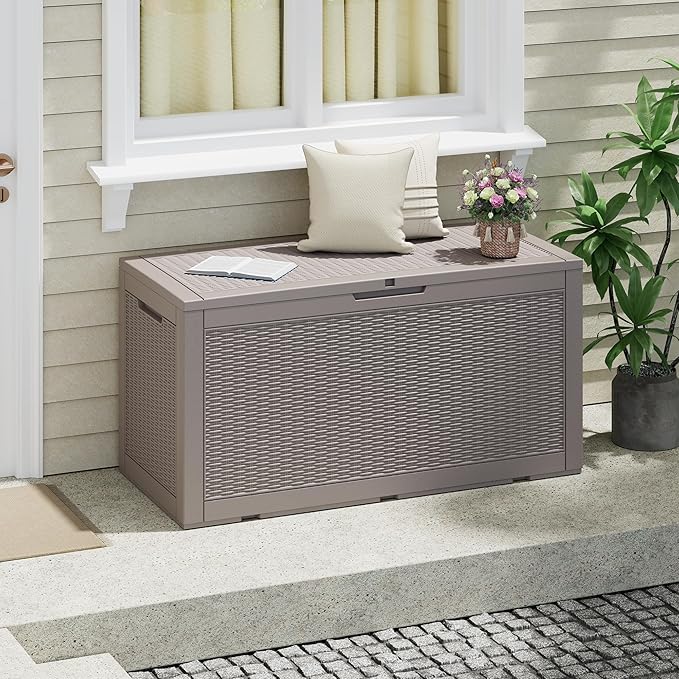 NUNU LAB 101 Gallon Large Waterproof Resin Deck Box, Lockable Outdoor Storage Box with Gas Lift, Patio Cushions, Garden Tools, Pool Supplies, Indoor Outdoor Storage Container, Grey