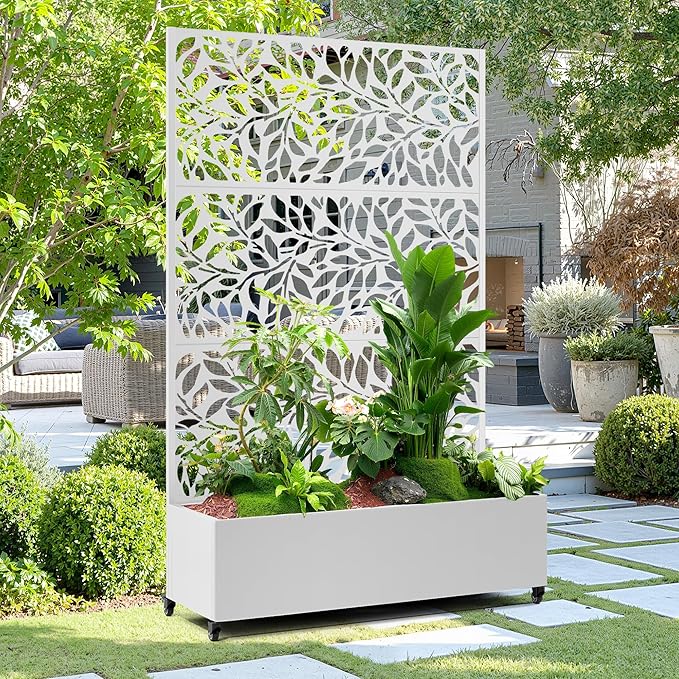 15.7"×70.9"×47.2" Metal Raised Garden Bed with Trellis and Wheels - Tall Trellis Planter Box for Climbing Plants, Vegetables & Vines - Outdoor Privacy Planters for Patio (White)