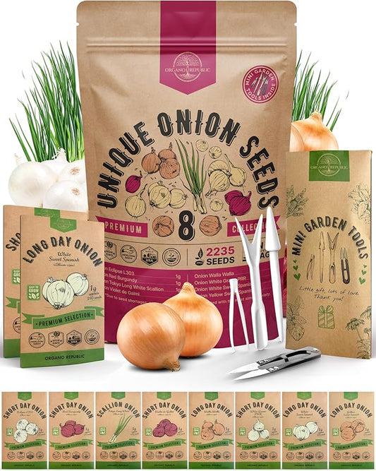 Organo Republic 8 Onion Seeds Variety Pack Heirloom, Non-GMO, Sets for Indoors, Outdoors Gardening. 2200+ Seeds: Walla Walla, Green Onion, Red Burgundy, White & Yellow Sweet Spanish Onions