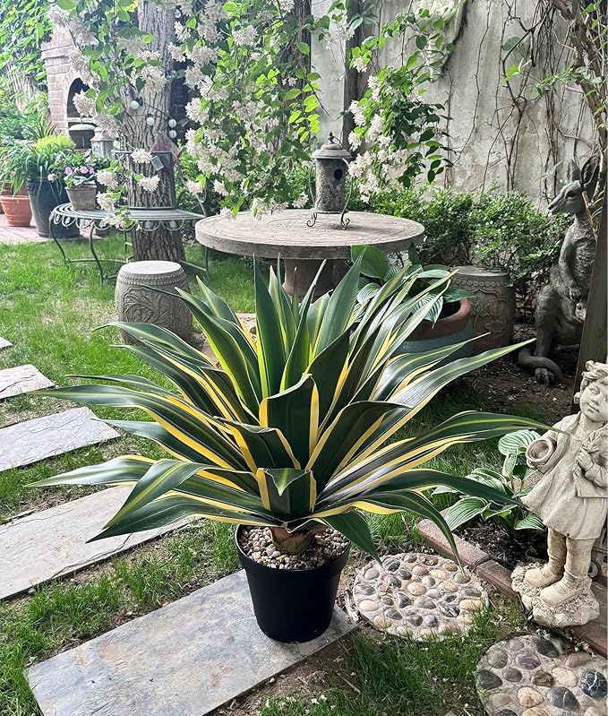 SUNPRAIRIE 34 Inch Tall Large Artificial Agave Plant in Pot with 45 Leaves, Forest Green with Yellow-Edges. Outdoor and Indoor Faux Plants.