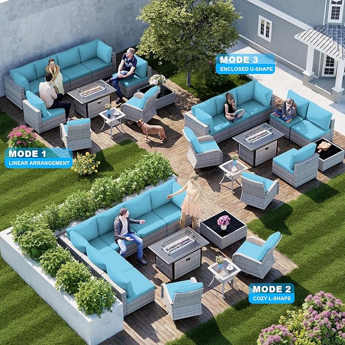 11-Piece Patio Furniture Set, Outdoor Patio Furniture with 55,000 BTU Fire Pit Table, Swivel Chairs Set, Thick Cushions, Modular Patio Sofa, Dual-Strand Wicker Rattan, Rust-Resistant Frame, Lake Blue