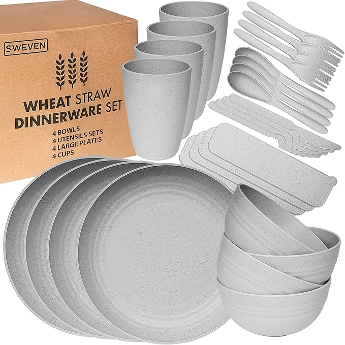 Wheat Straw Dinnerware Sets | Unbreakable Dinnerware Sets | Dishwasher Microwave Safe Dinnerware | Eco Friendly Non Breakable Dinnerware Sets | RV Outdoor Camping (Grey, Service for 4 (28 pcs))
