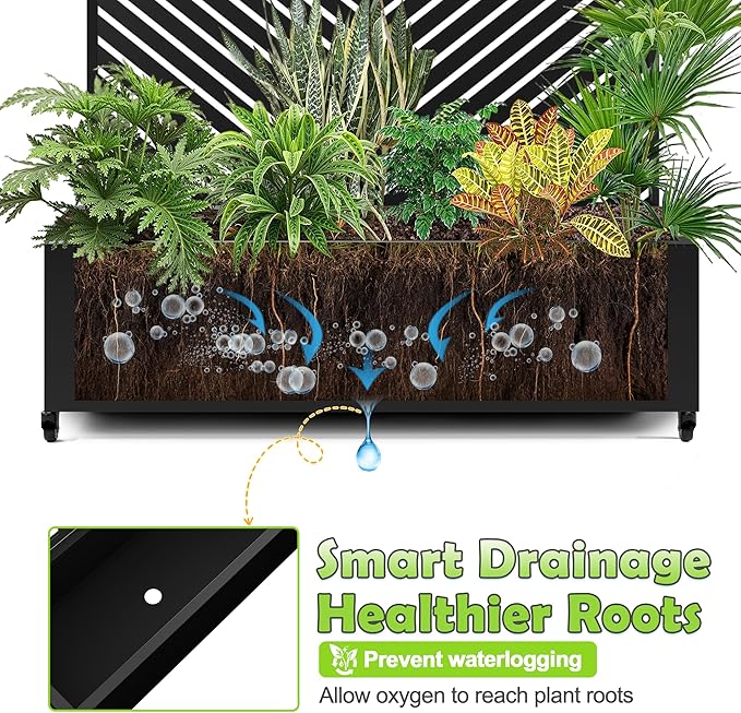 15.7"×70.9"×47.2" Metal Raised Garden Bed with Trellis and Wheels - Tall Trellis Planter Box for Climbing Plants, Vegetables & Vines - Outdoor Privacy Planters for Patio (Black-Parallel)