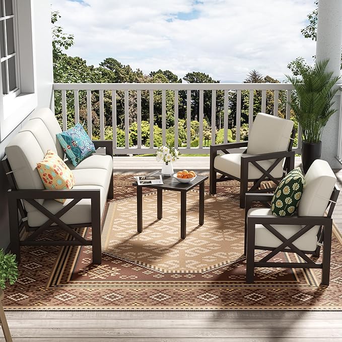 NATURAL EXPRESSIONS 4 Pieces Patio Furniture Set, Outdoor Furniture Sofa Sectional Modern Metal Patio Conversation Set with High Back Backrest & 3 Seater Loveseat and 2 Fixed Chairs