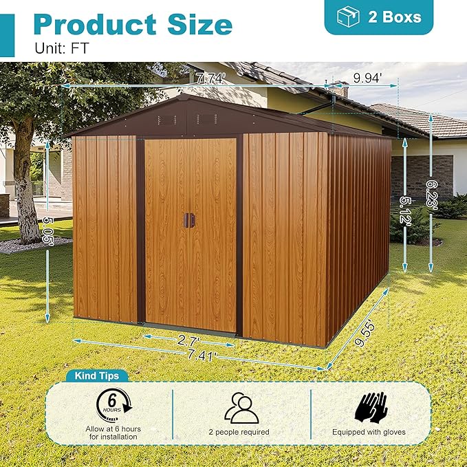 Sheds & Outdoor Storage 8ft x 10ft Iron Storage Shed with Metal Foundation Metal Garden Shed Tool Storage Cabinet with Secure Sliding Doors with Padlock for Backyard, Patio, Poolside, Coffee
