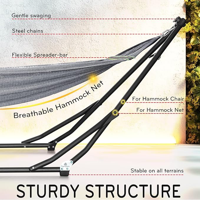 Tranquillo UniGen Hammock, Hammock Stands Heavy Duty Indoor/Outdoor Hammock with Signature Steel Stand, 600lbs Premium Foldable, Durable 2-Layered Soft Polyester, Grey