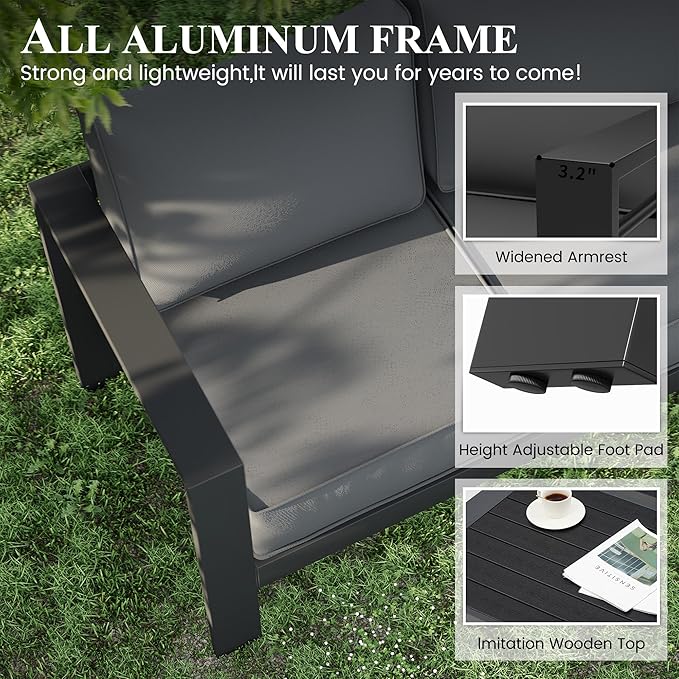 Patio Furniture Set with Fire Pit Table, Aluminum Patio Furniture Set,Grey Outdoor Metal Sectional Sofa with Aluminum Fire Pit Table for Garden Backyard (Include Waterproof Cover)
