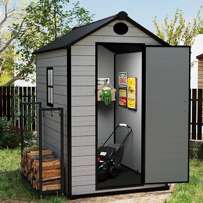 4 x 6 FT Shed Resin Outdoor Storage with Floor, 230 cuft Plastic Shed with Window and Lockable Door for Garden, Backyard, with Wood Texture, Grey