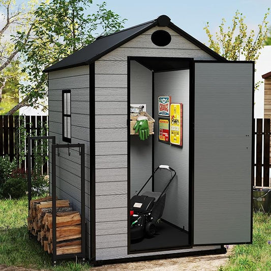 4 x 6 FT Shed Resin Outdoor Storage with Floor, 230 cuft Plastic Shed with Window and Lockable Door for Garden, Backyard, with Wood Texture, Grey