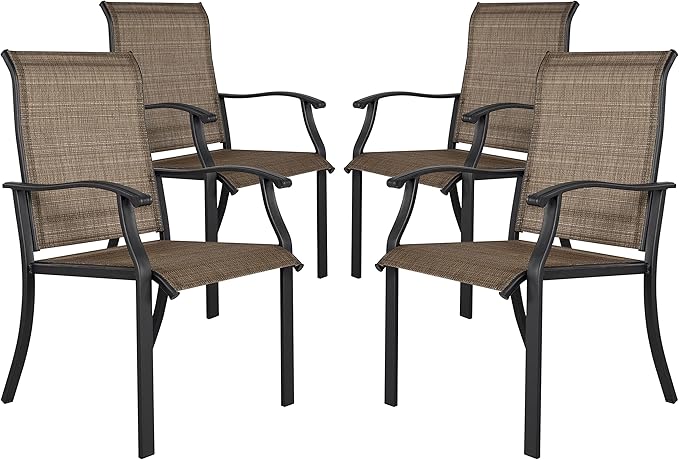 NUU GARDEN 4 Piece Outdoor Patio Dining Chairs, Textilene Dining Chairs with High Back, Patio Furniture Chairs with Armrest, Iron Frame for Lawn Garden Backyard Deck, Black and Brown