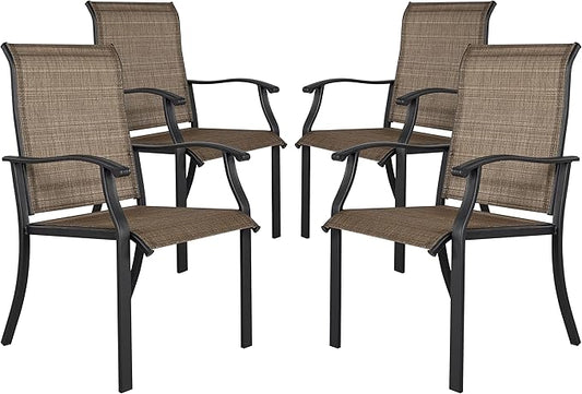 NUU GARDEN 4 Piece Outdoor Patio Dining Chairs, Textilene Dining Chairs with High Back, Patio Furniture Chairs with Armrest, Iron Frame for Lawn Garden Backyard Deck, Black and Brown