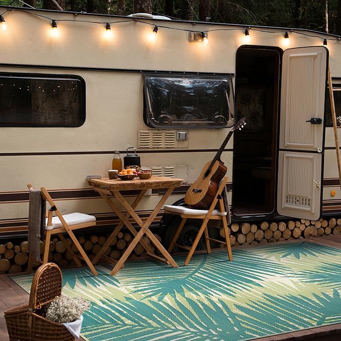 Rugshop Tropical Floral Reversible Foldable Waterproof Premium Recycled Plastic Outdoor Rugs for Patio,Backyard,RV,Deck,Picnic,Trailer,Beach,Camping Rug 6' X 9' Green