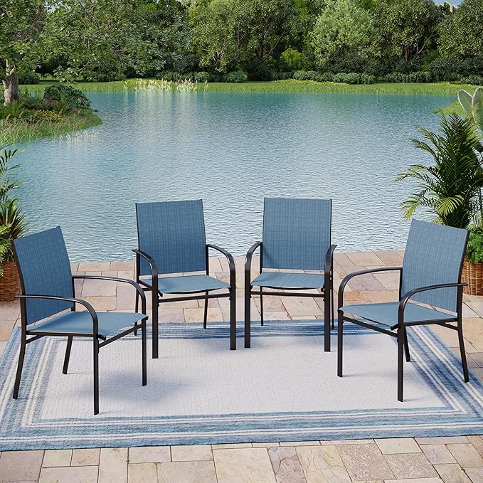 4 Pieces Outdoor Textilene Dining Chairs,Patio Dining Chairs Set, Fixed Patio Chairs with Armrest, Blue