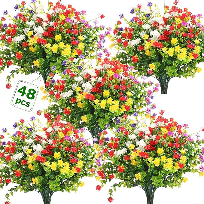 WILLBOND 48 Bundles Artificial Flowers Outdoor,UV Resistant Faux Plastic Plants Greenery Shrubs Flower Bulk for Hanging Planter Porch Window Home Wedding Spring Summer Decor (Fresh Color)