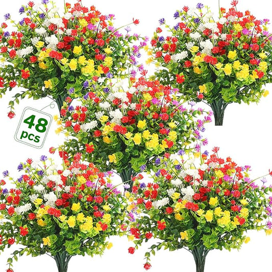 WILLBOND 48 Bundles Artificial Flowers Outdoor,UV Resistant Faux Plastic Plants Greenery Shrubs Flower Bulk for Hanging Planter Porch Window Home Wedding Spring Summer Decor (Fresh Color)