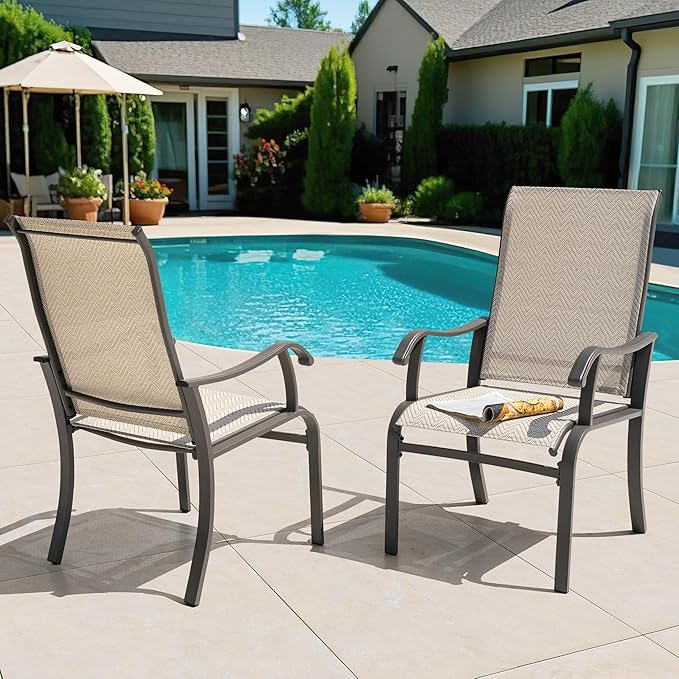 NUU GARDEN Patio Dining Chairs Set of 2, Outdoor Dining Chair with Powder-Coated Frame, All Weather Metal Dining Chairs with Textilene High Back and Wider Seat for Backyard, Deck, Balcony, Beige