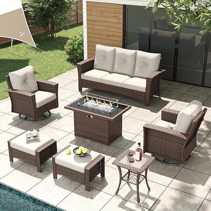 LayinSun 7 Piece Wicker Patio Furniture Set with Fire Pit Table, Classis Outdoor Conversation 360 Degree Swivel Chairs Set with Coffee Table