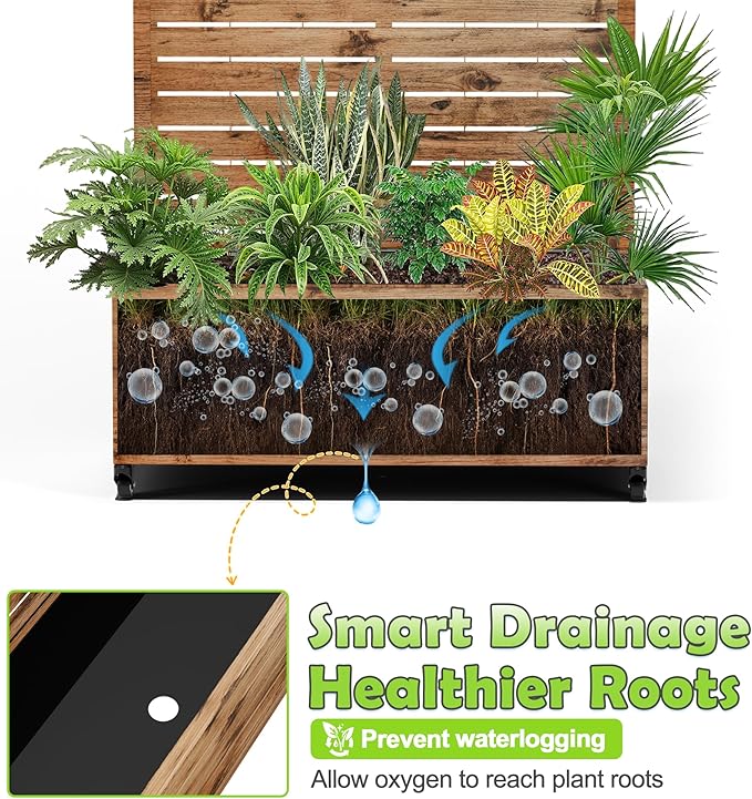 15.7"×70.9"×35.4" Metal Raised Garden Bed with Trellis and Wheels - Tall Trellis Planter Box for Climbing Plants, Vegetables & Vines - Outdoor Privacy Planters for Patio (Natural Wood Grain)