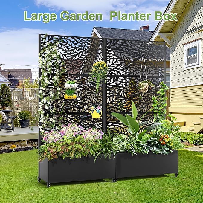 Raised Garden Bed with Trellis and Wheels,73"x35"x16" Metal Raised Garden Bed,Black Flowing Leaf Metal Planter with Climbing Trellis for Vines & Vegetables