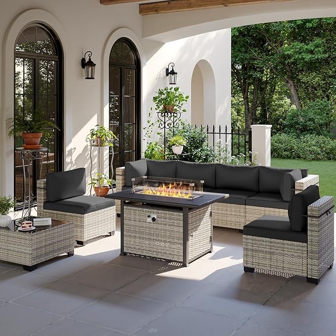 8-Piece Modern Patio Conversation Set with 55,000 BTU Fire Pit Table, Thick Cushions, Upgraded Rattan, Reinforced Frame